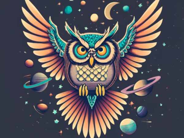 Professional t-shirt design: an owl flying in space, dark fantasy png file