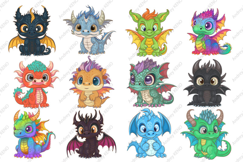 Set of Cartoon Dragons 03. Fantasy clipart.