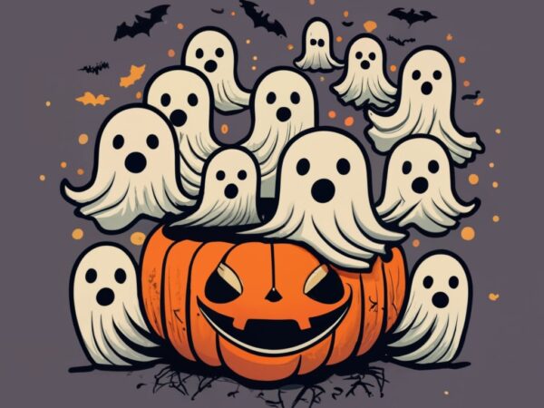 Simple t-shirt design, black background, lots of halloween sheet ghosts sitting in pumpkin,, anime png file