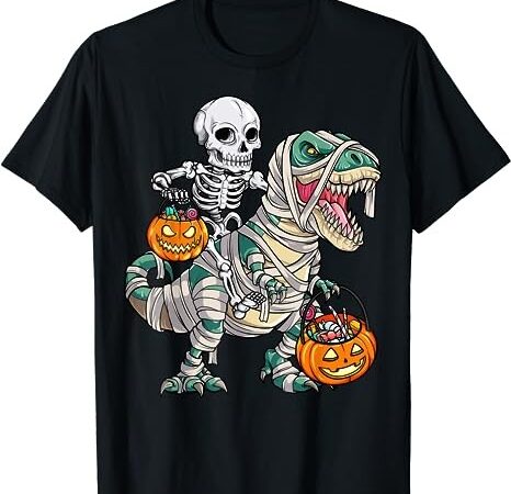 Skeleton riding mummy dinosaur t rex halloween funny pumpkin t-shirt png file