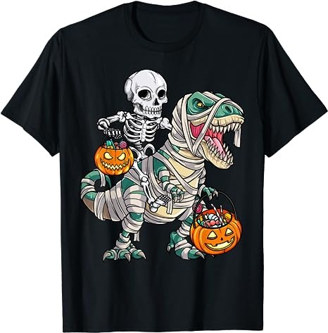 Skeleton Riding Mummy Dinosaur T rex Halloween Funny Pumpkin T-Shirt PNG File