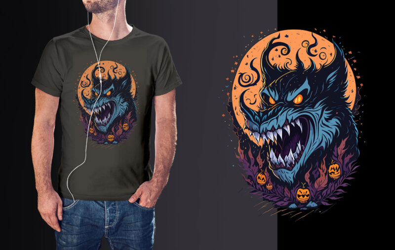 Spooky Wolf Gargoyle Halloween Tshirt Design