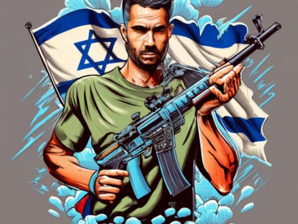 T-shirt design,83 the name “juan david “in bright blue with dark blue smoke thunder,man holding a m16 , israel flag and a name “stronger tha