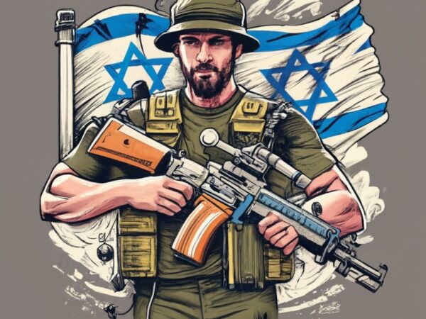 T-shirt design,man holding a m16 , israel flag and a name “stronger than ever” i the bottom png file