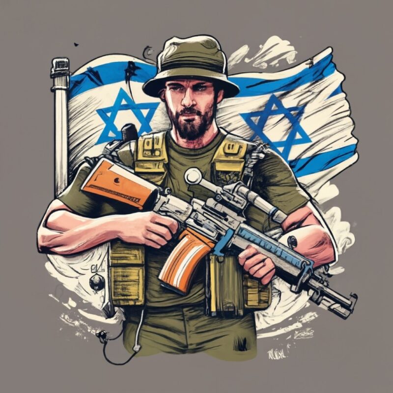 T-Shirt Design,Man holding a M16 , Israel Flag and a Name “Stronger Than Ever” i the bottom PNG File