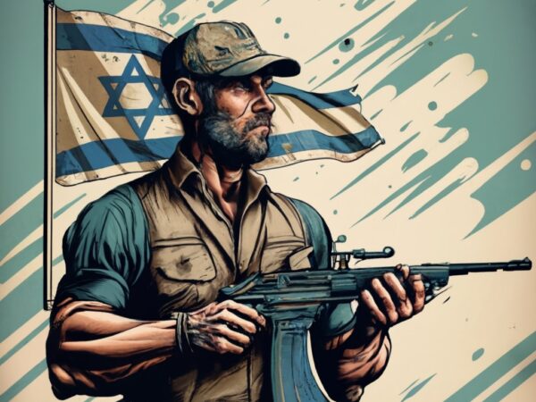 T-shirt design,man holding a riffle, israel flag,mixpnk style png file