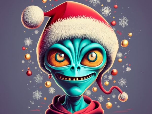 T-shirt design, crazy alien with santa clause hat. text “happy christmas” png file