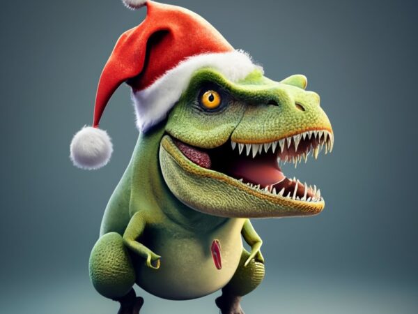 T-shirt design, crazy dino with santa clause hat. text “happy christmas” png file