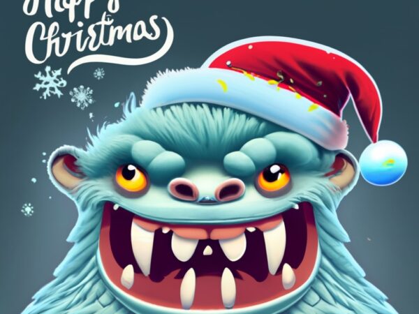 T-shirt design, crazy yeti with santa clause hat. text “happy christmas” png file