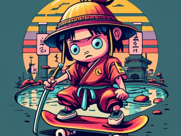 T-shirt design of samurai’s on skateboards in tokyo japan with graffiti walls and skating in empty pool png file