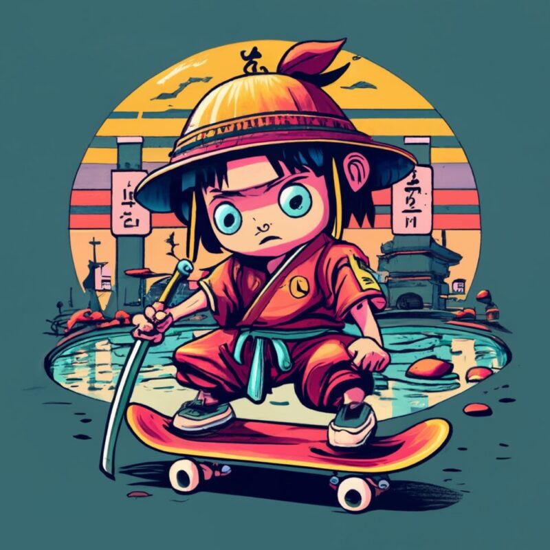 T-shirt design of samurai’s on skateboards in Tokyo Japan with graffiti walls and skating in empty pool PNG File