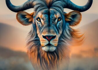 T-shirt design: double exposure of a wilderbeest, natural landscape, watercolor art, with text “Lion of Judah, King of Kings” PNG File