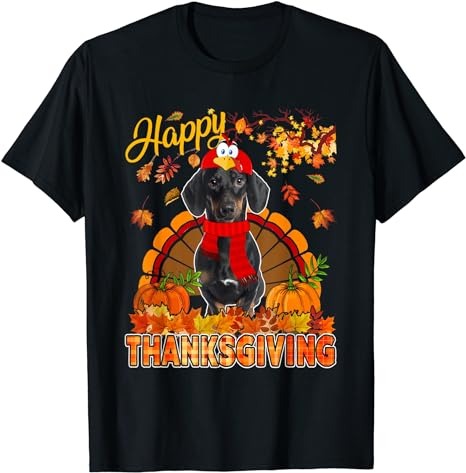 Thanksgiving Dachshund Wearing Turkey Costume Fall Leaves T-Shirt