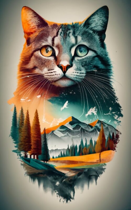 Tshirt design – Double exposure of a cat BLAC DARK and a mountain, natural scenery, watercolor art PNG File