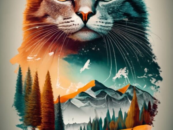 Tshirt design – double exposure of a cat blac dark and a mountain, natural scenery, watercolor art png file