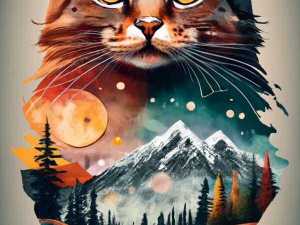 Tshirt design – double exposure of a cat and a mountain, natural scenery, watercolor art png file