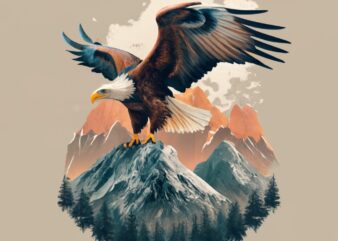 Tshirt design – Double exposure of an eagle and a mountain, natural scenery, watercolor art PNG File