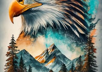Tshirt design – Double exposure of an eagle and a mountain, natural scenery, watercolor art PNG File