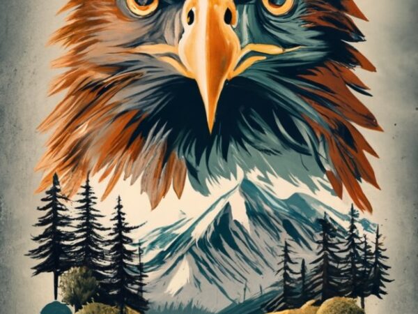 Tshirt design – double exposure of an eagle and a mountain, natural scenery, watercolor art, png file