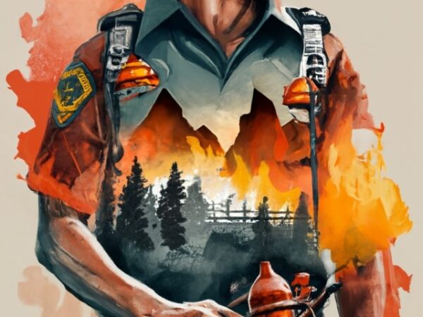 Tshirt design for a fire station – double exposure of a firefighter and a city scape with mountains , natural scenery, watercolor art png fi