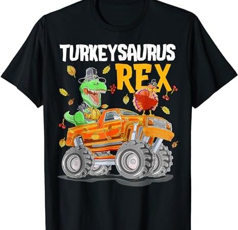 Turkey dino monster truck thanksgiving kids turkeysaurus rex t-shirt