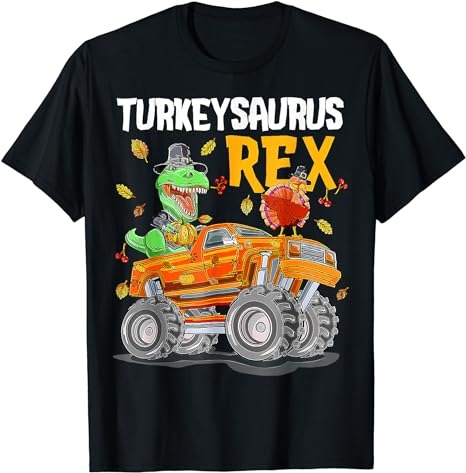 Turkey Dino Monster Truck Thanksgiving Kids TurkeySaurus Rex T-Shirt