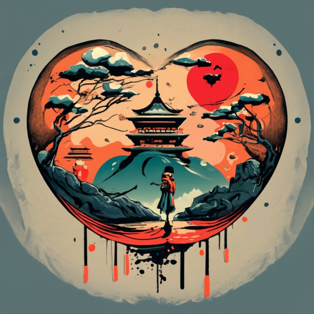 tshirt design, Heart shaped logo Japanese ink painting, splashed paint ...