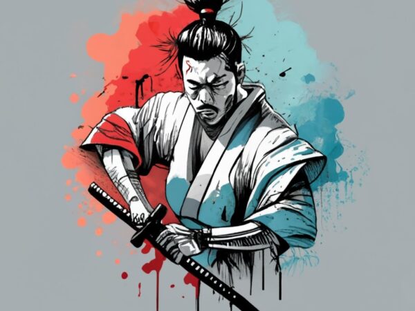 T-shirt design, whit the text ” the art of war”vanishing point on white paper, samurai png file
