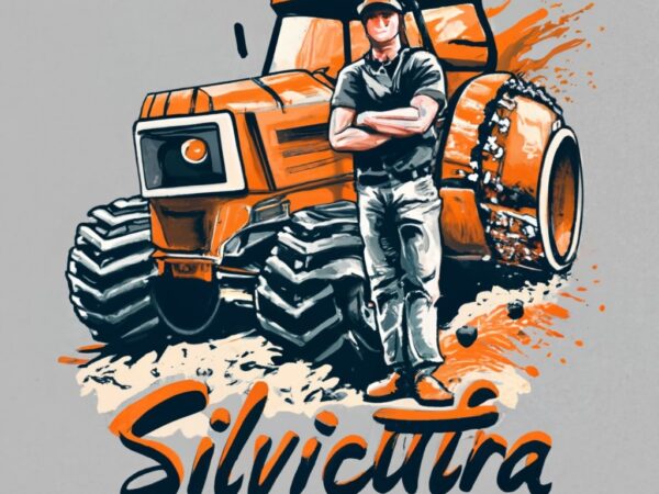 T-shirt design, forestry machine operator. 3d text “silvicultura”. watercolor splash png file