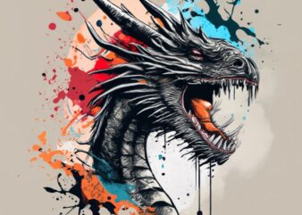 PNG File t-shirt design, dragon on white paper, watercolor splash