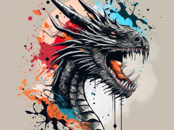 Png file t-shirt design, dragon on white paper, watercolor splash