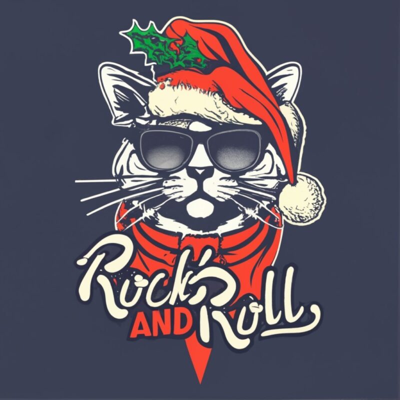 shirt design : Rock and Roll Cat – Classic Rock & Roll Design, santa T-Shirt PNG File