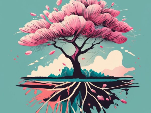 T-shirt design, cherry blossom tree at dawn. watercolor splash of soft pinks and sky blues png file