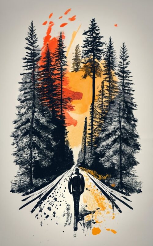 t-shirt design, forest pathway. Watercolor splash in black and white PNG File