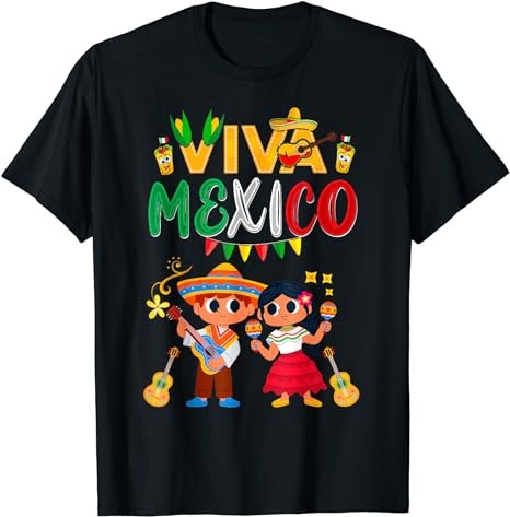 Viva Mexico Boys Girl Maracas Guitar Mexican Independence T-Shirt PNG File