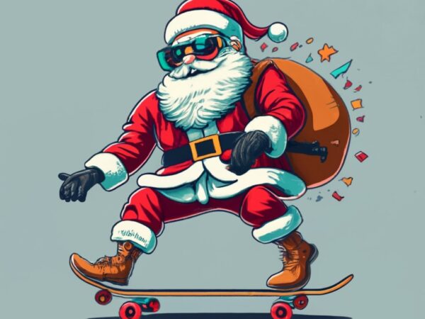 A santa claus wearing glasses, red gloves and brown shoes is skateboarding, white background, graphic design for t-shirts png file