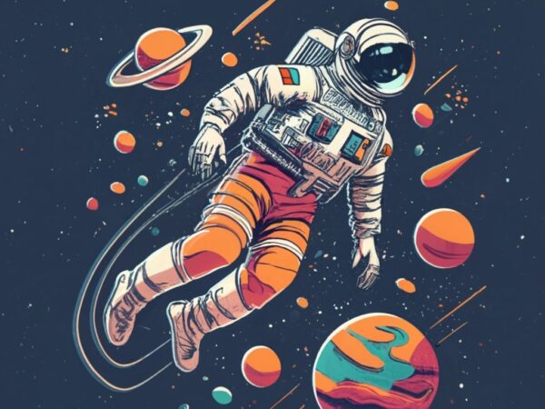 Astronaut floating in space, t-shirt design, stencil, retro design, without miguel, vibrant png file