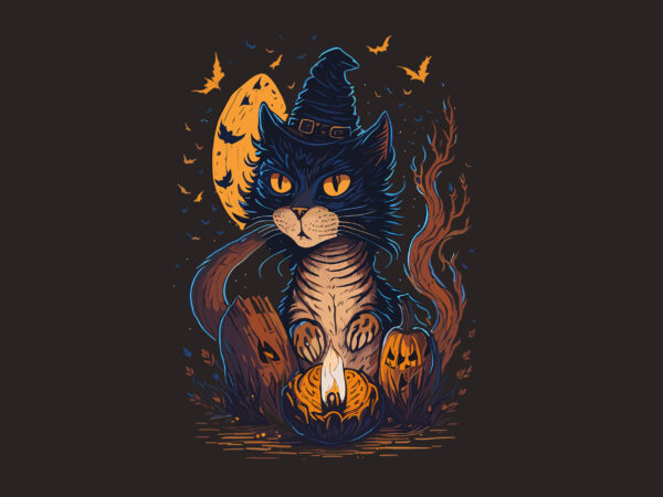 Spooky cat witch halooween tshirt design