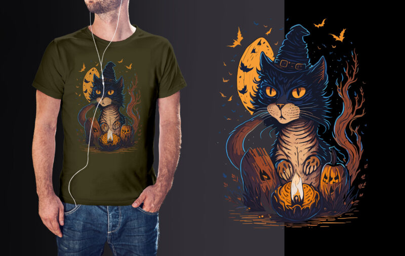 Spooky Cat Witch Halooween Tshirt Design