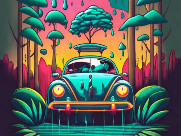 ♥️💎💋👑👑, cinematic, dark fantasy, vibrant, graffiti create a visually stunning t-shirt design featuring a beautiful volkswagen, forest, a