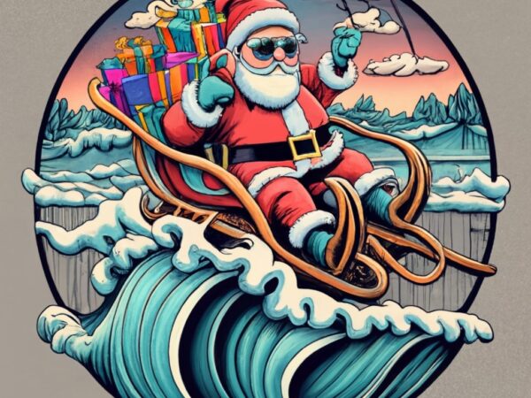 Santa clause sitting in his sleigh. in this photo make sure santa is wearing sunglasses and his sleigh filled with toys and presents. show h t shirt template vector