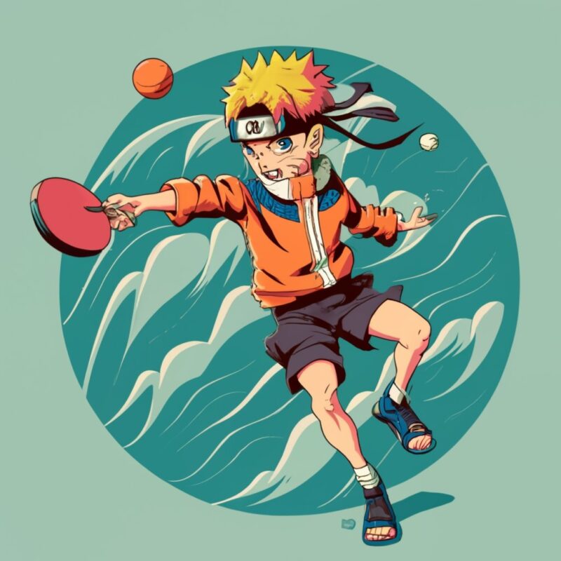 give me designs for T-shirt print of Anime character Naruto Takahasi playing table tennis