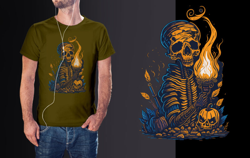 Spooky Skull Mummy Halloween Tshirt Design