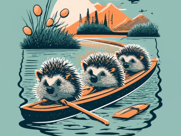 Round t shirt design of realistic 5 hedgehogs rowing png file