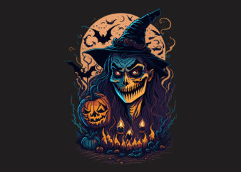 Spooky Pumpkin Witch Halloween Tshirt Vector