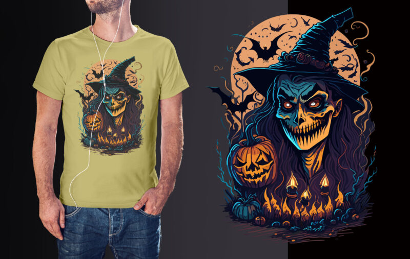 Spooky Witch Halloween Bat Pumpkin Tshirt Design