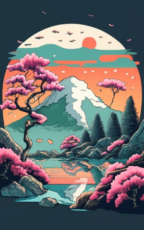 t shirt design, Japanese style mountain, in front of the mountain pond and pink cherry tree PNG File