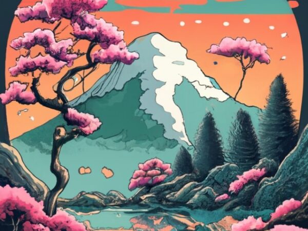 T shirt design, japanese style mountain, in front of the mountain pond and pink cherry tree png file