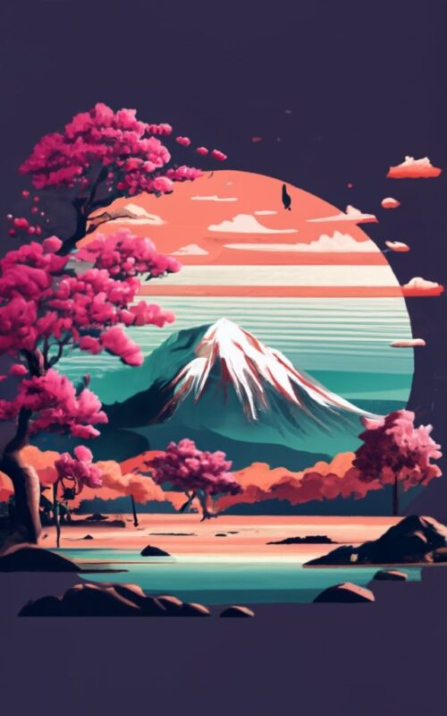 t shirt design, Japanese style mountain, in front of the mountain pond and pink cherry tree PNG File