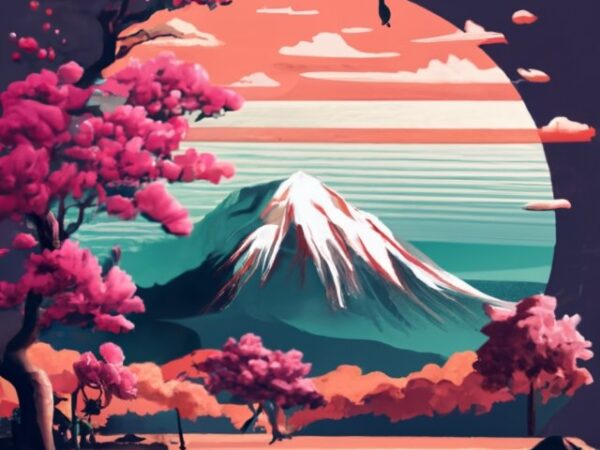 T shirt design, japanese style mountain, in front of the mountain pond and pink cherry tree png file